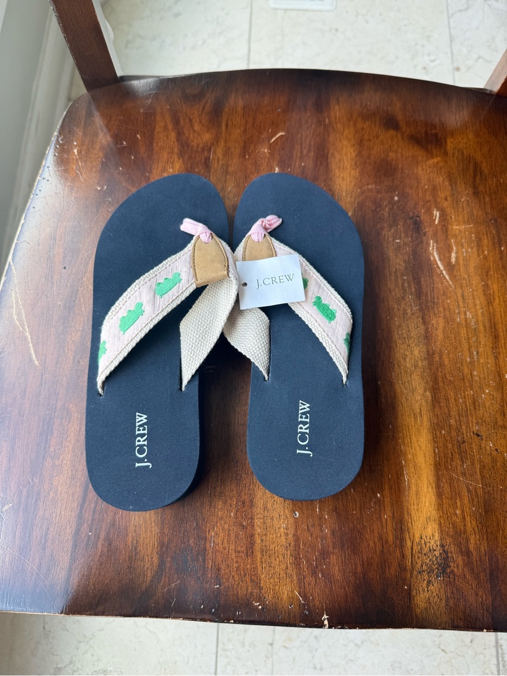 J. Crew Navy & Cream Sandals with Pink Trim and Green Embroidered Hippos NWT